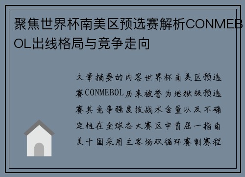 聚焦世界杯南美区预选赛解析CONMEBOL出线格局与竞争走向