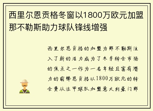 西里尔恩贡格冬窗以1800万欧元加盟那不勒斯助力球队锋线增强