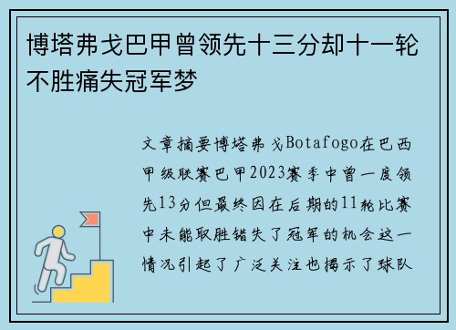 博塔弗戈巴甲曾领先十三分却十一轮不胜痛失冠军梦